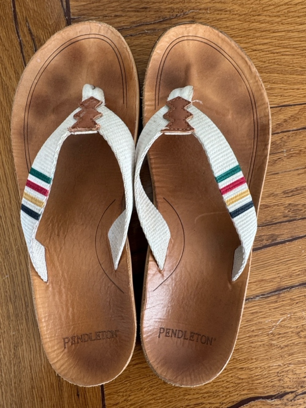 Pendleton White Strap Leather-Soled Flip Flops with Multicolor Stripe